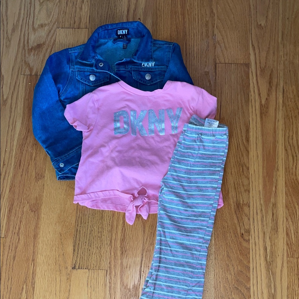 DKNY Pink Tee and Striped Pants with Denim Jacket